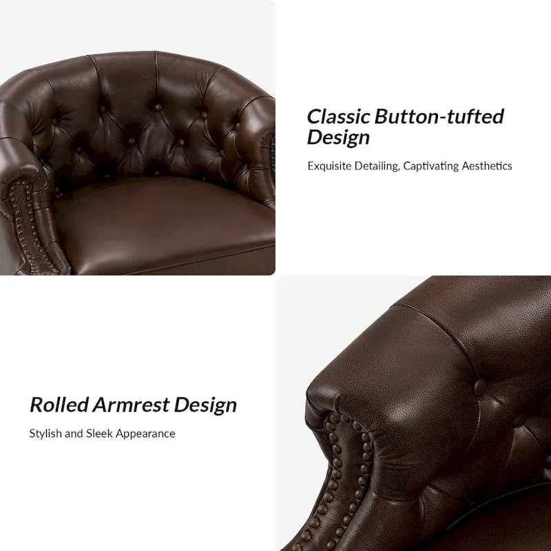 Moderne draaibare accentfauteuil van echt leer met Chesterfield-capitonnering en spijkerrand
