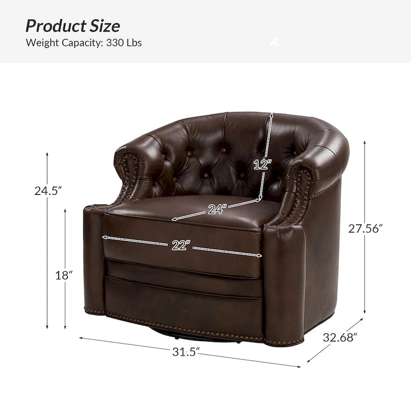 Moderne draaibare accentfauteuil van echt leer met Chesterfield-capitonnering en spijkerrand
