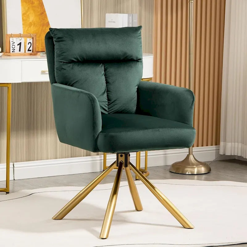 Fauteuil d’appoint pivotant en velours avec retour automatique et piètement en métal doré