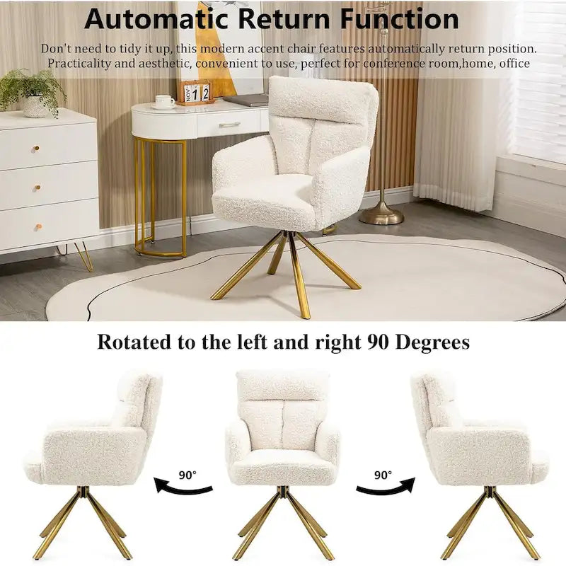 Fauteuil d’appoint pivotant en velours avec retour automatique et piètement en métal doré
