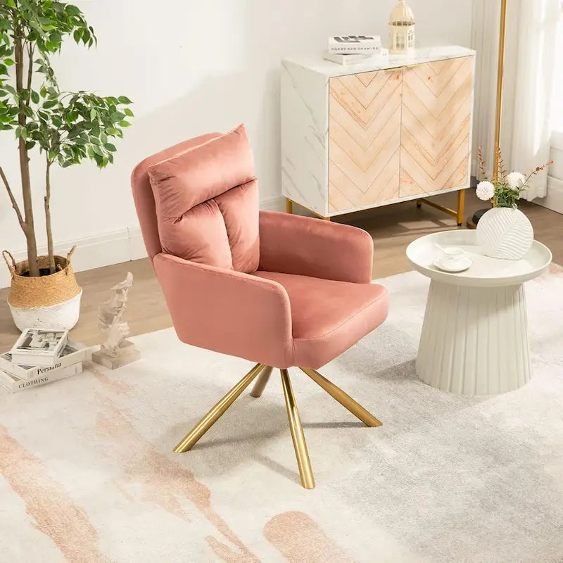Fauteuil d’appoint pivotant en velours avec retour automatique et piètement en métal doré