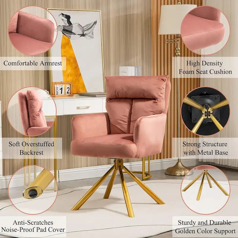 Fauteuil d’appoint pivotant en velours avec retour automatique et piètement en métal doré