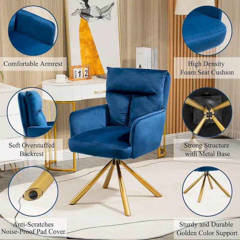 Fauteuil d’appoint pivotant en velours avec retour automatique et piètement en métal doré