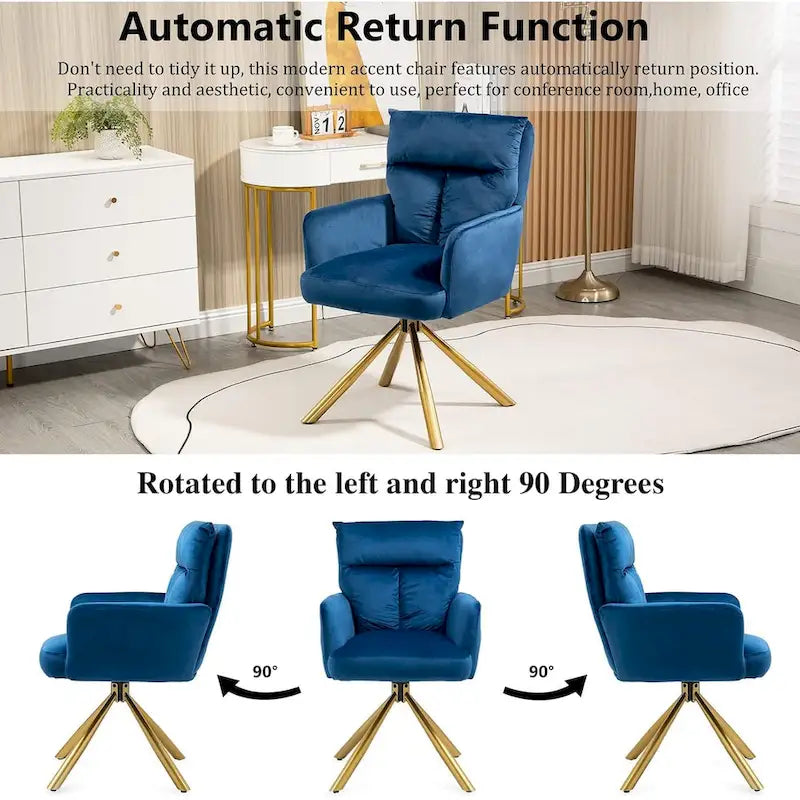 Fauteuil d’appoint pivotant en velours avec retour automatique et piètement en métal doré