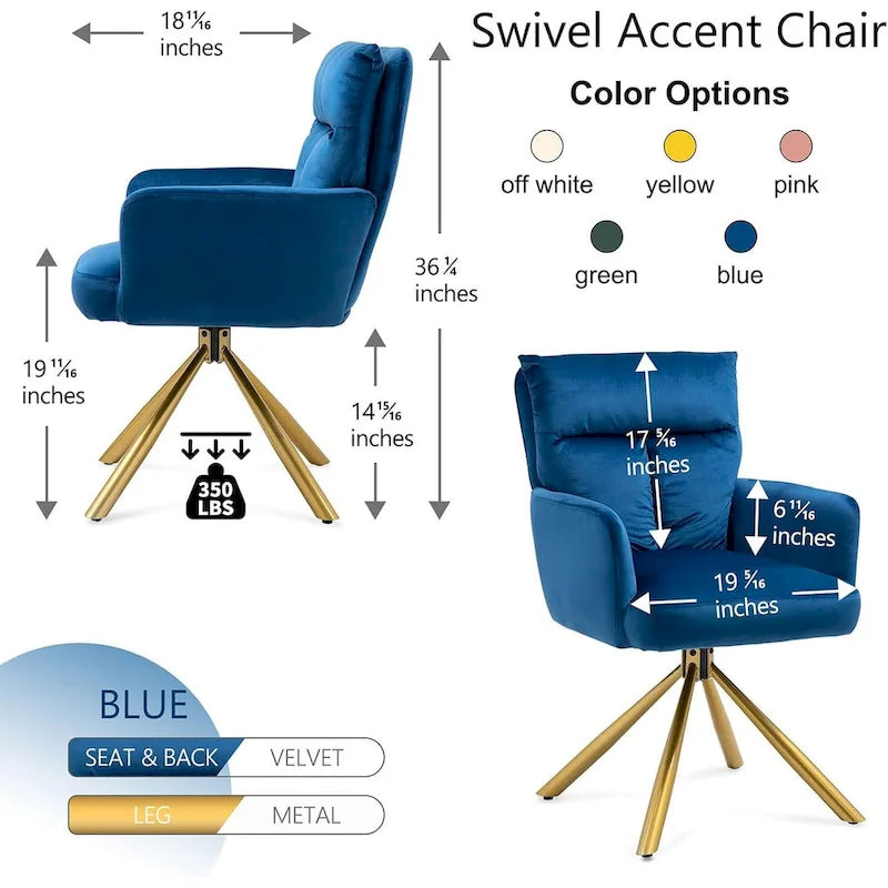 Fauteuil d’appoint pivotant en velours avec retour automatique et piètement en métal doré