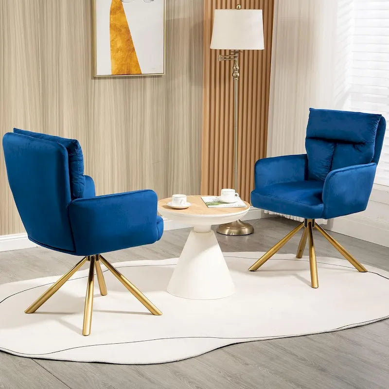 Fauteuil d’appoint pivotant en velours avec retour automatique et piètement en métal doré