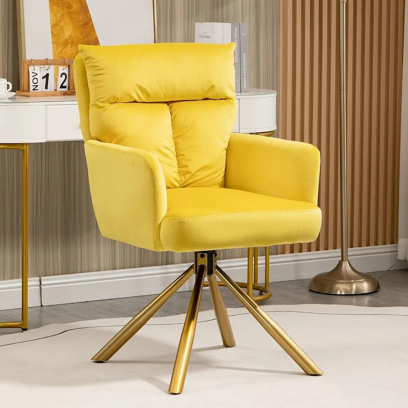 Fauteuil d’appoint pivotant en velours avec retour automatique et piètement en métal doré