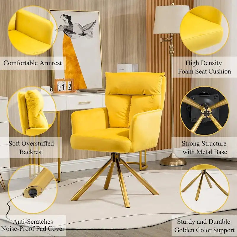 Fauteuil d’appoint pivotant en velours avec retour automatique et piètement en métal doré