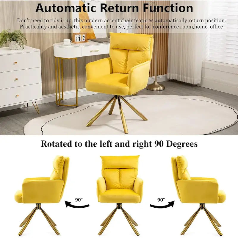 Fauteuil d’appoint pivotant en velours avec retour automatique et piètement en métal doré
