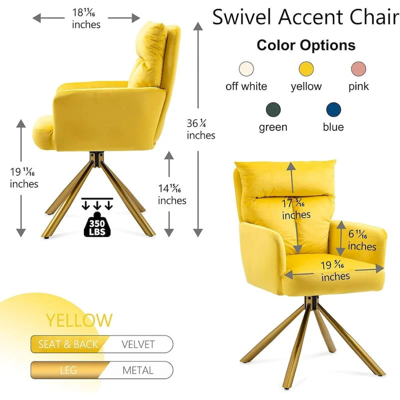 Fauteuil d’appoint pivotant en velours avec retour automatique et piètement en métal doré