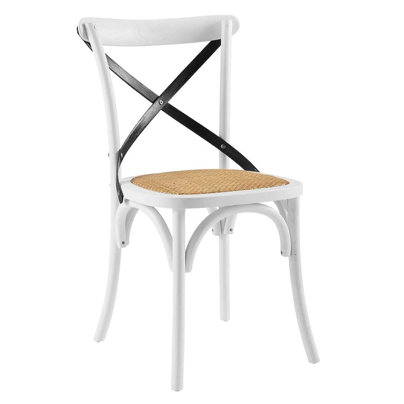 Witte en zwarte eetkamerstoel met kruislings rugleuning, zitting van rotan en frame van iepenhout – Harbor