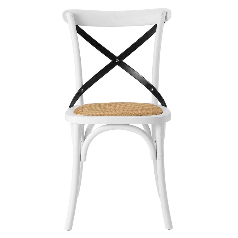 Witte en zwarte eetkamerstoel met kruislings rugleuning, zitting van rotan en frame van iepenhout – Harbor