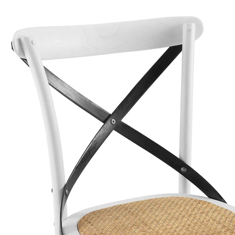 Witte en zwarte eetkamerstoel met kruislings rugleuning, zitting van rotan en frame van iepenhout – Harbor