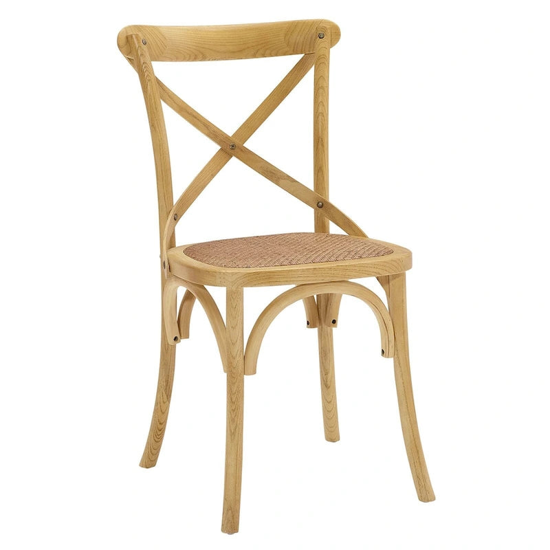 Witte en zwarte eetkamerstoel met kruislings rugleuning, zitting van rotan en frame van iepenhout – Harbor