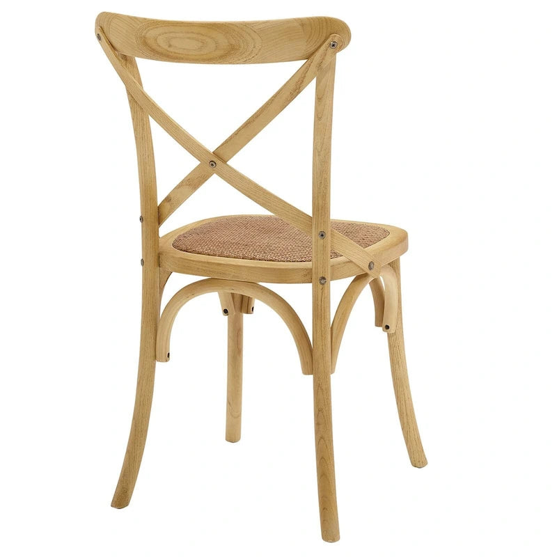 Witte en zwarte eetkamerstoel met kruislings rugleuning, zitting van rotan en frame van iepenhout – Harbor