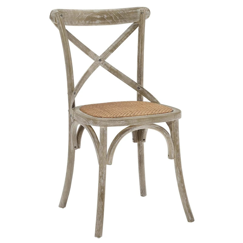 Witte en zwarte eetkamerstoel met kruislings rugleuning, zitting van rotan en frame van iepenhout – Harbor