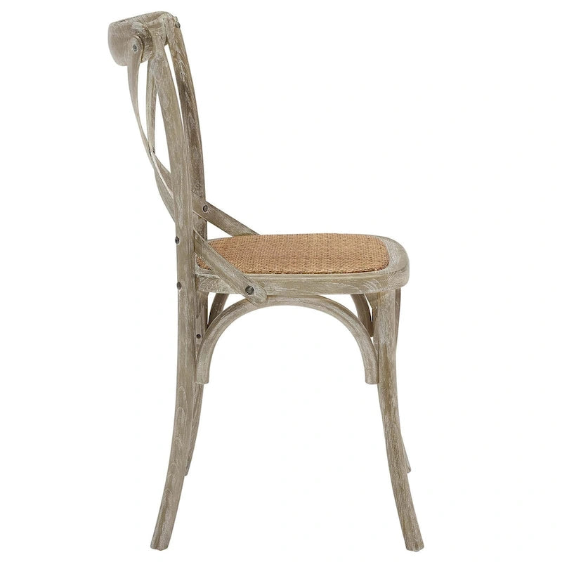 Witte en zwarte eetkamerstoel met kruislings rugleuning, zitting van rotan en frame van iepenhout – Harbor