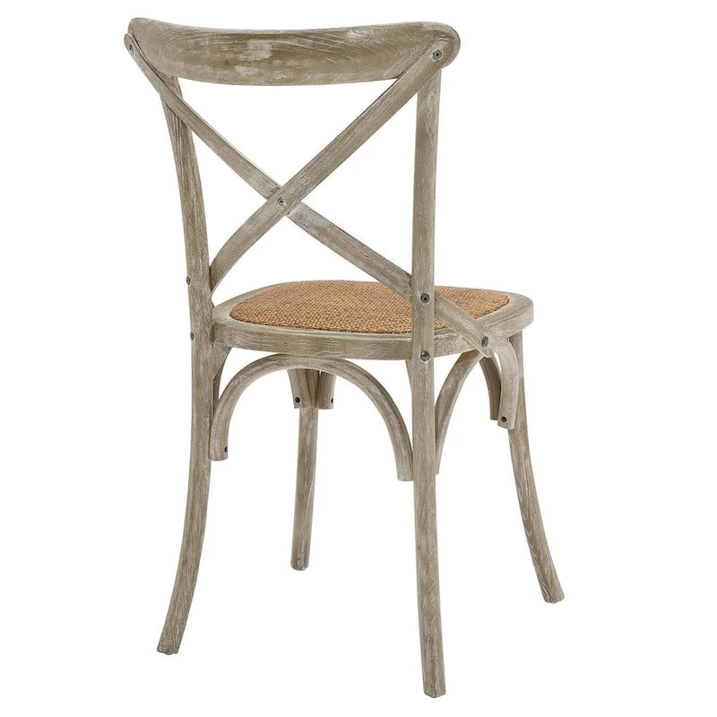 Witte en zwarte eetkamerstoel met kruislings rugleuning, zitting van rotan en frame van iepenhout – Harbor