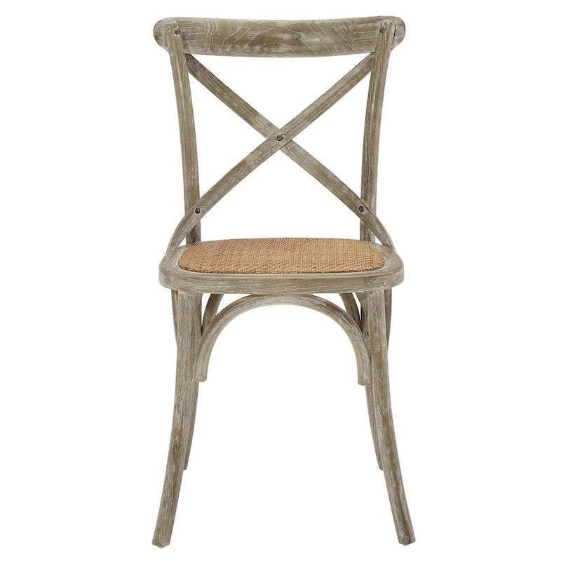 Witte en zwarte eetkamerstoel met kruislings rugleuning, zitting van rotan en frame van iepenhout – Harbor