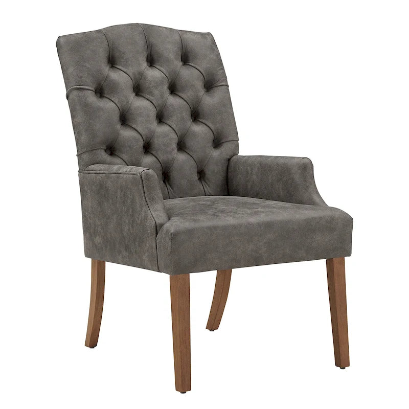 Upholstered Button Tufted Dining Arm Chair with Rustic Wood Legs, Beige / Grey / Linen