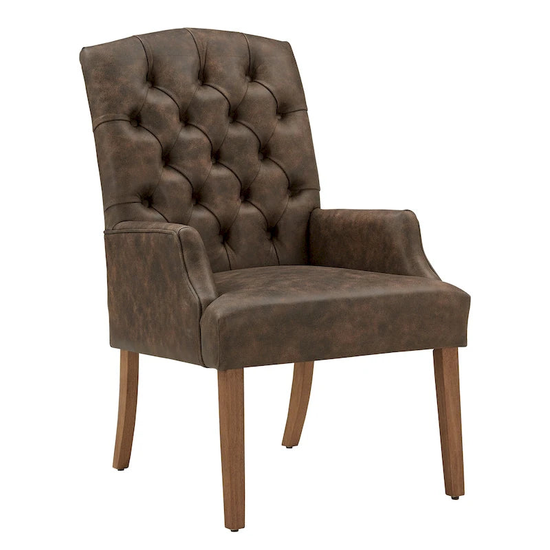 Upholstered Button Tufted Dining Arm Chair with Rustic Wood Legs, Beige / Grey / Linen