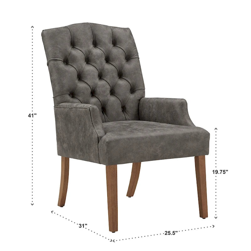 Gepolsterter Esszimmer-Armlehnstuhl mit Knopfheftung und rustikalen Holzbeinen, Beige / Grau / Leinen