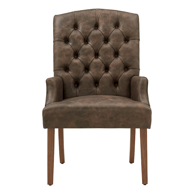 Gepolsterter Esszimmer-Armlehnstuhl mit Knopfheftung und rustikalen Holzbeinen, Beige / Grau / Leinen