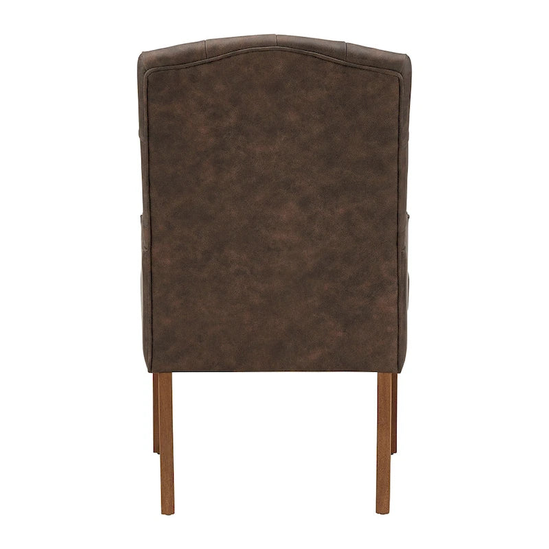 Gepolsterter Esszimmer-Armlehnstuhl mit Knopfheftung und rustikalen Holzbeinen, Beige / Grau / Leinen
