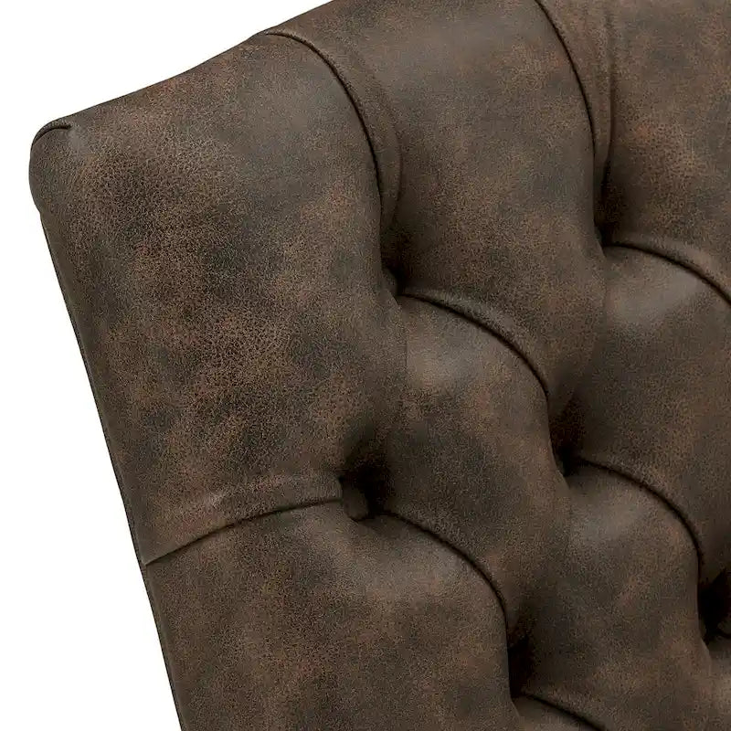 Gepolsterter Esszimmer-Armlehnstuhl mit Knopfheftung und rustikalen Holzbeinen, Beige / Grau / Leinen