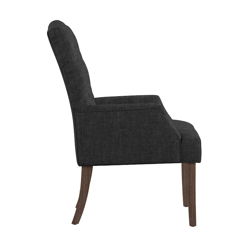 Gepolsterter Esszimmer-Armlehnstuhl mit Knopfheftung und rustikalen Holzbeinen, Beige / Grau / Leinen