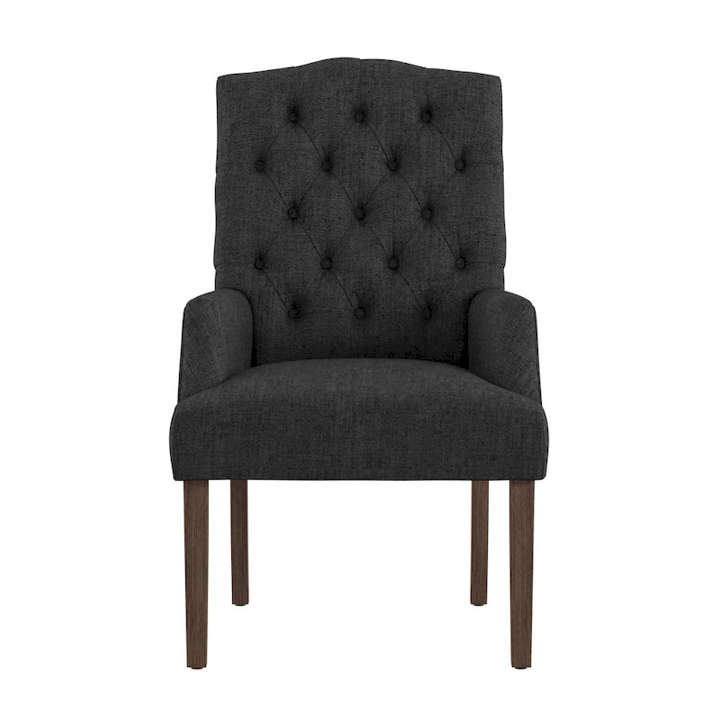 Gepolsterter Esszimmer-Armlehnstuhl mit Knopfheftung und rustikalen Holzbeinen, Beige / Grau / Leinen
