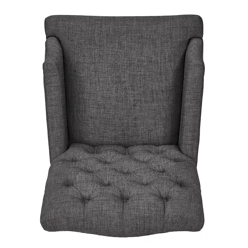 Gepolsterter Esszimmer-Armlehnstuhl mit Knopfheftung und rustikalen Holzbeinen, Beige / Grau / Leinen