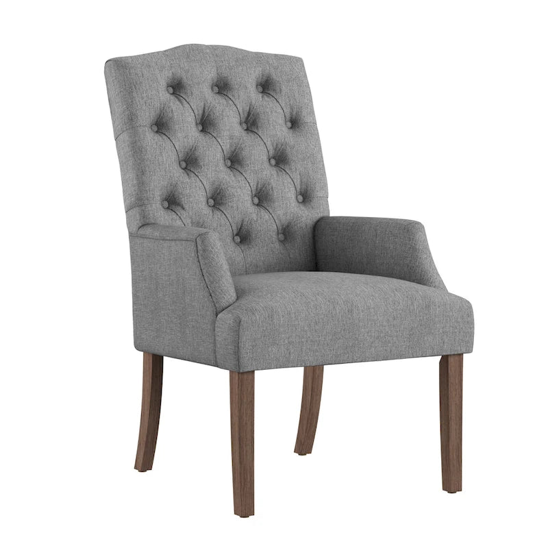 Gepolsterter Esszimmer-Armlehnstuhl mit Knopfheftung und rustikalen Holzbeinen, Beige / Grau / Leinen