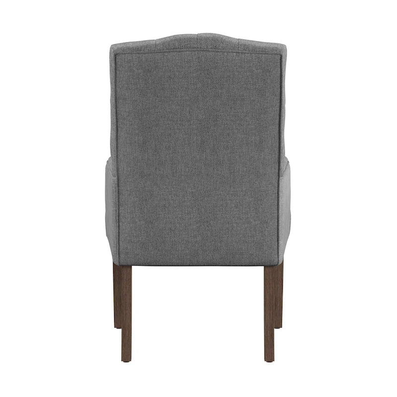Gepolsterter Esszimmer-Armlehnstuhl mit Knopfheftung und rustikalen Holzbeinen, Beige / Grau / Leinen