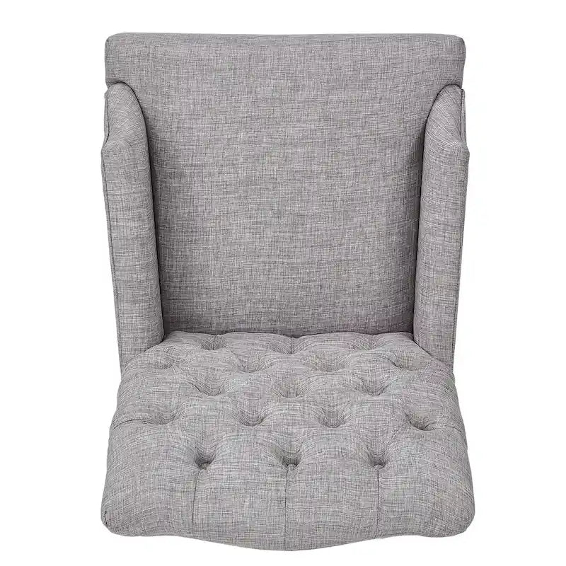 Gepolsterter Esszimmer-Armlehnstuhl mit Knopfheftung und rustikalen Holzbeinen, Beige / Grau / Leinen