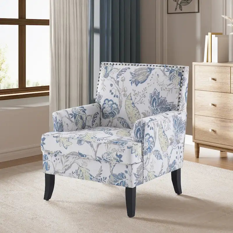 Floral Print Polyester Accent Armchair with Nailhead Trim and Wood Legs