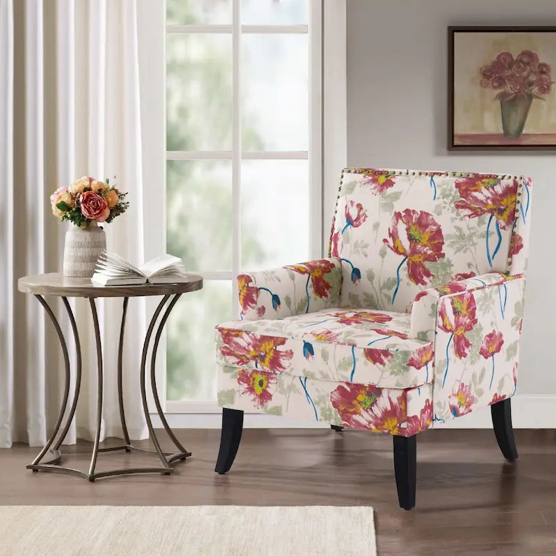 Floral Print Polyester Accent Armchair with Nailhead Trim and Wood Legs