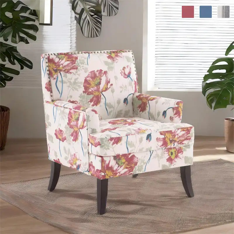 Akzentsessel aus Polyester mit Blumenmuster, Nagelkopfbesatz und Holzbeinen