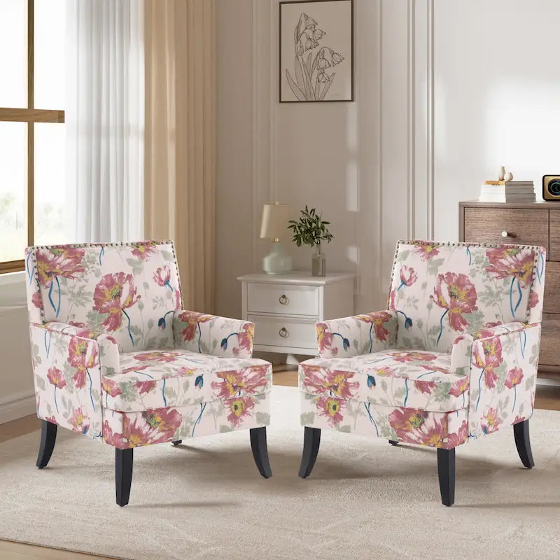 Akzentsessel aus Polyester mit Blumenmuster, Nagelkopfbesatz und Holzbeinen
