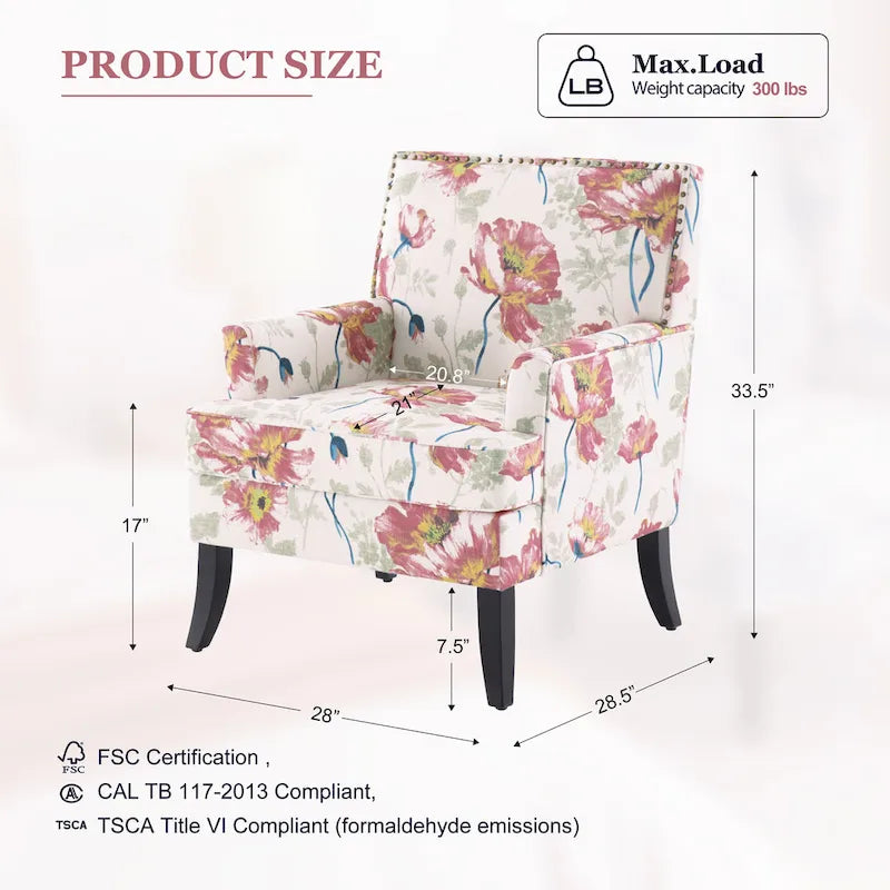 Akzentsessel aus Polyester mit Blumenmuster, Nagelkopfbesatz und Holzbeinen