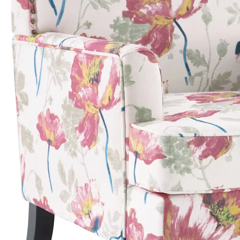 Akzentsessel aus Polyester mit Blumenmuster, Nagelkopfbesatz und Holzbeinen