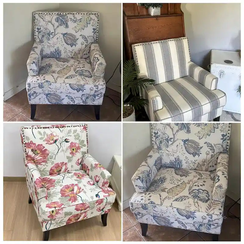 Akzentsessel aus Polyester mit Blumenmuster, Nagelkopfbesatz und Holzbeinen