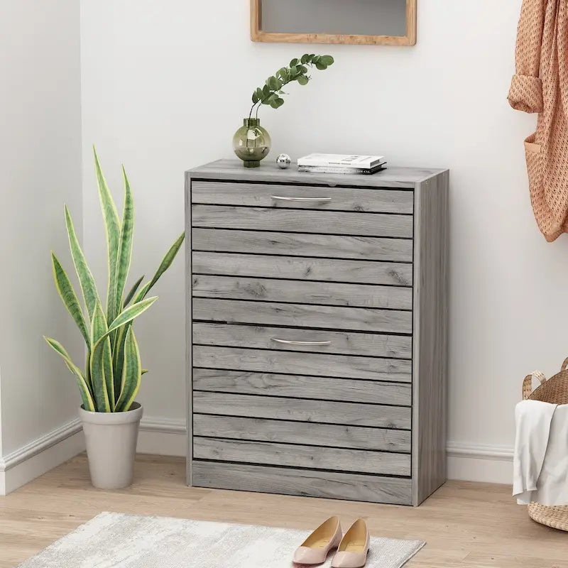 Fold-Out Drawer Shoe Cabinet with Ventilation Dark Oak Grey White Wood Finish