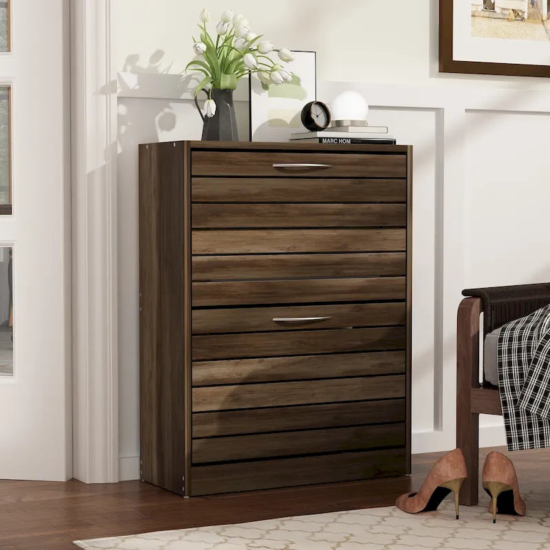 Fold-Out Drawer Shoe Cabinet with Ventilation Dark Oak Grey White Wood Finish