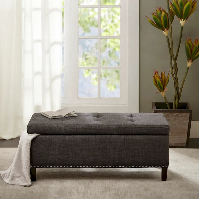 Charcoal Tufted Storage Bench with Soft Close Lid and Nailhead Trim