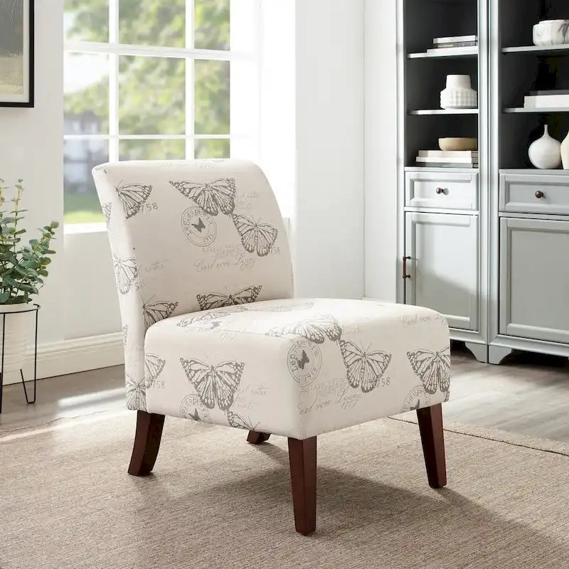 Armless Butterfly Print Accent Chair with Eucalyptus Wood Legs Off-White