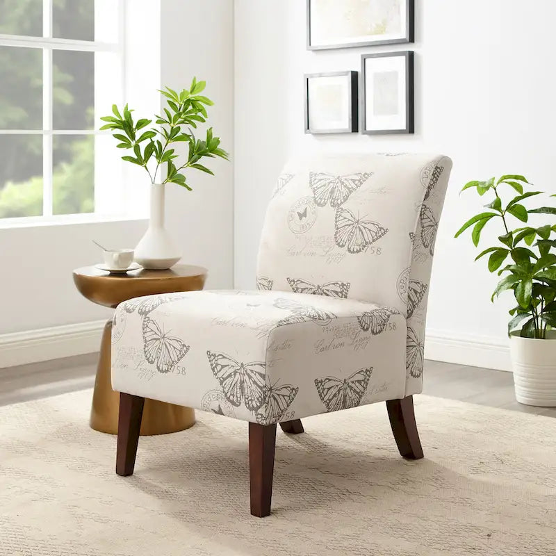 Armless Butterfly Print Accent Chair with Eucalyptus Wood Legs Off-White
