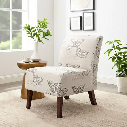 Armloze accentstoel met vlinderdessin en poten van eucalyptus hout, gebroken wit