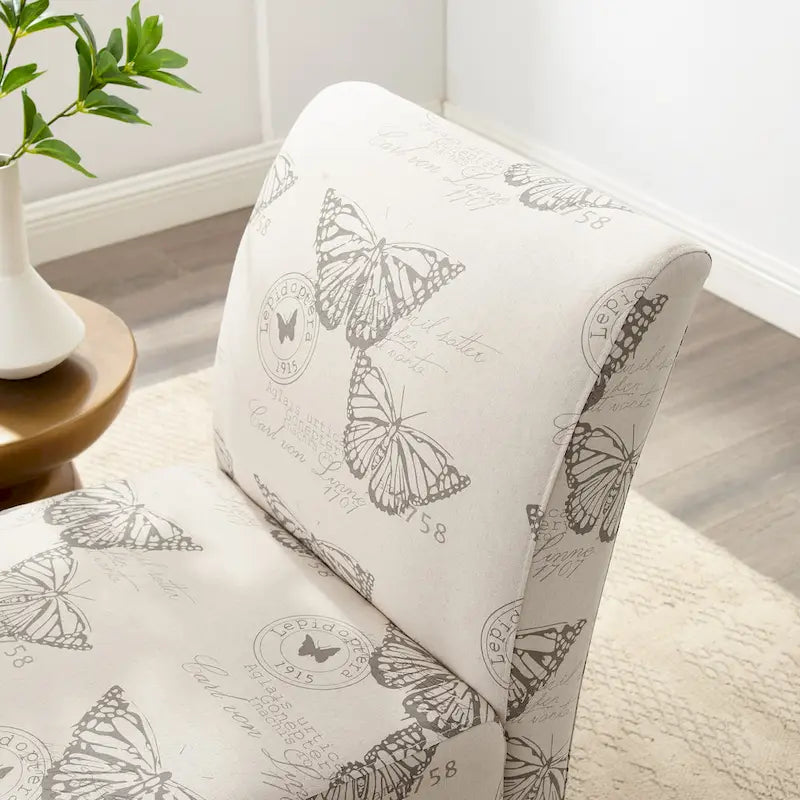 Armless Butterfly Print Accent Chair with Eucalyptus Wood Legs Off-White