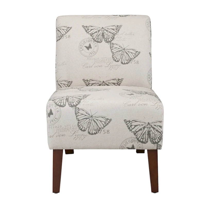Armless Butterfly Print Accent Chair with Eucalyptus Wood Legs Off-White